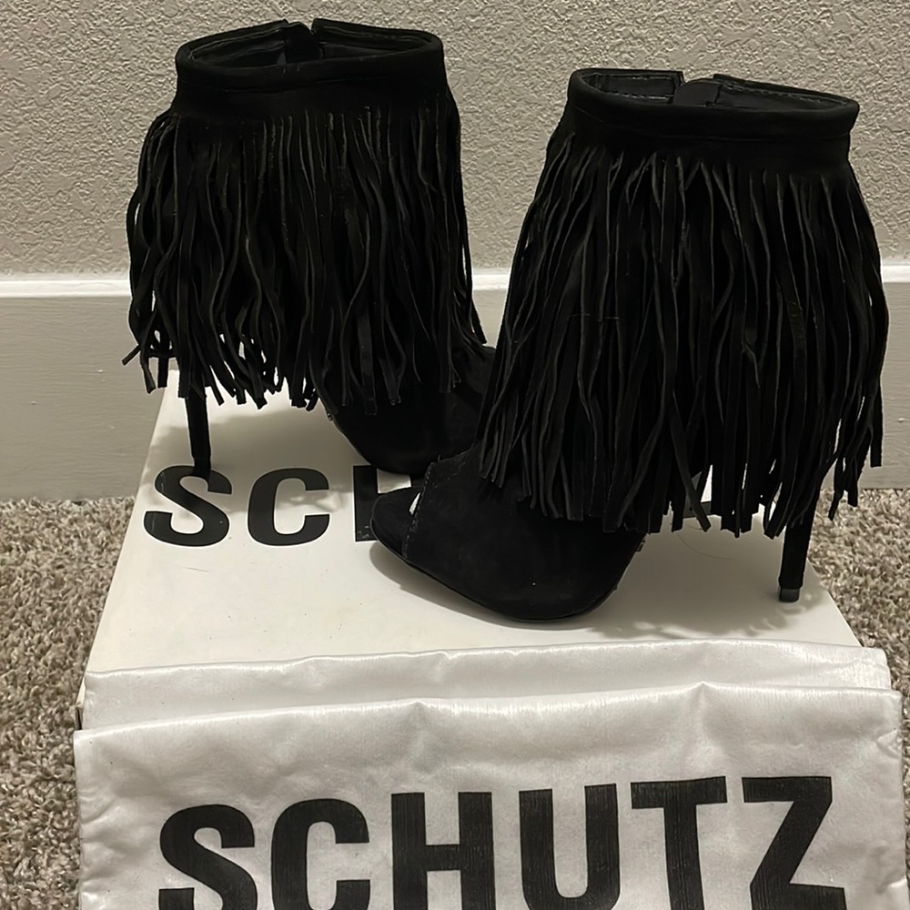 Schultz black suede fringe leather bootie